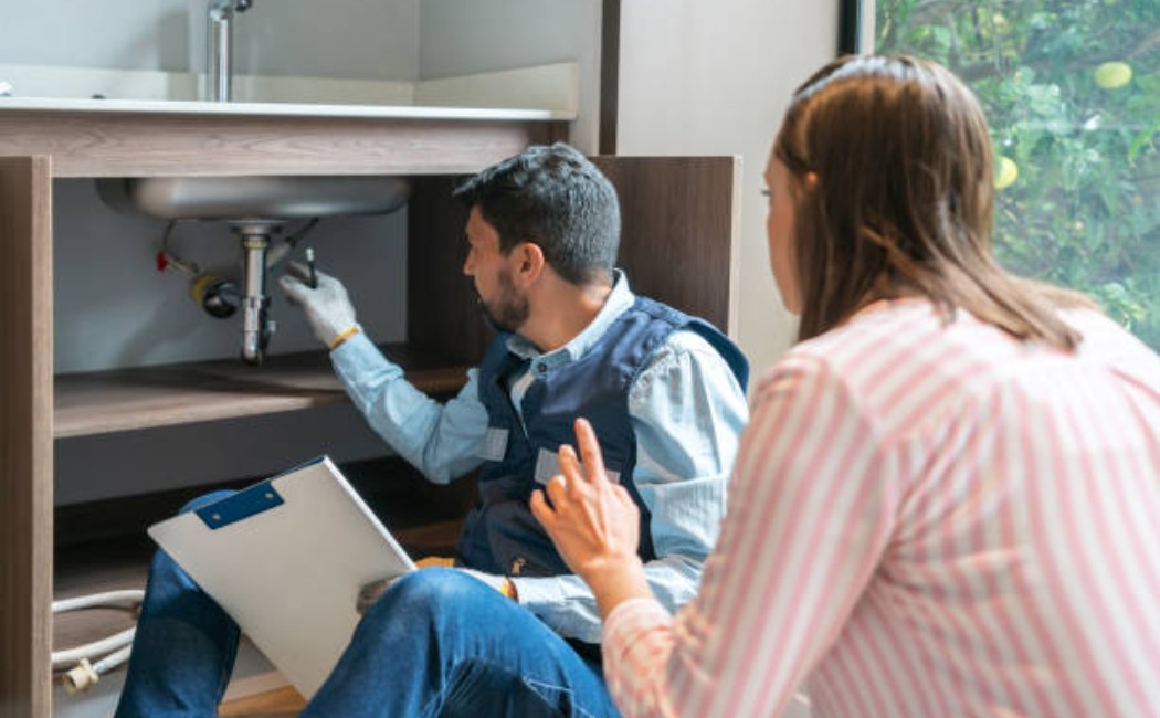 Professional plumber discussing sink repair task