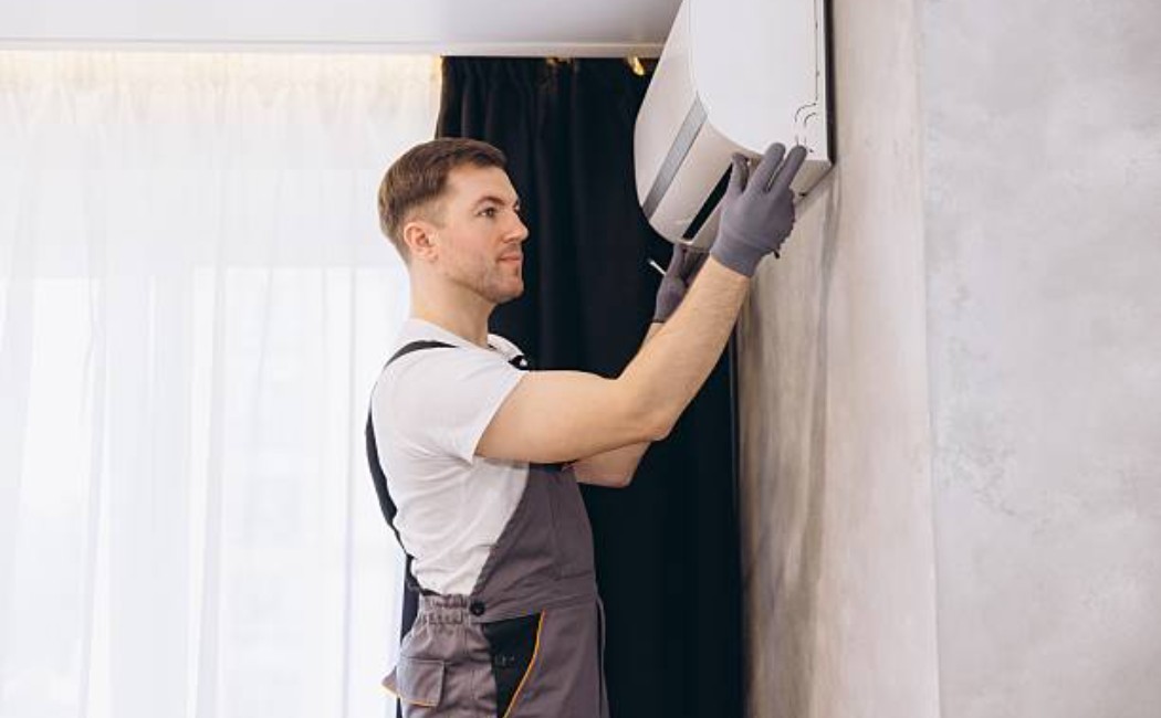 Handyman repairing residential AC system.