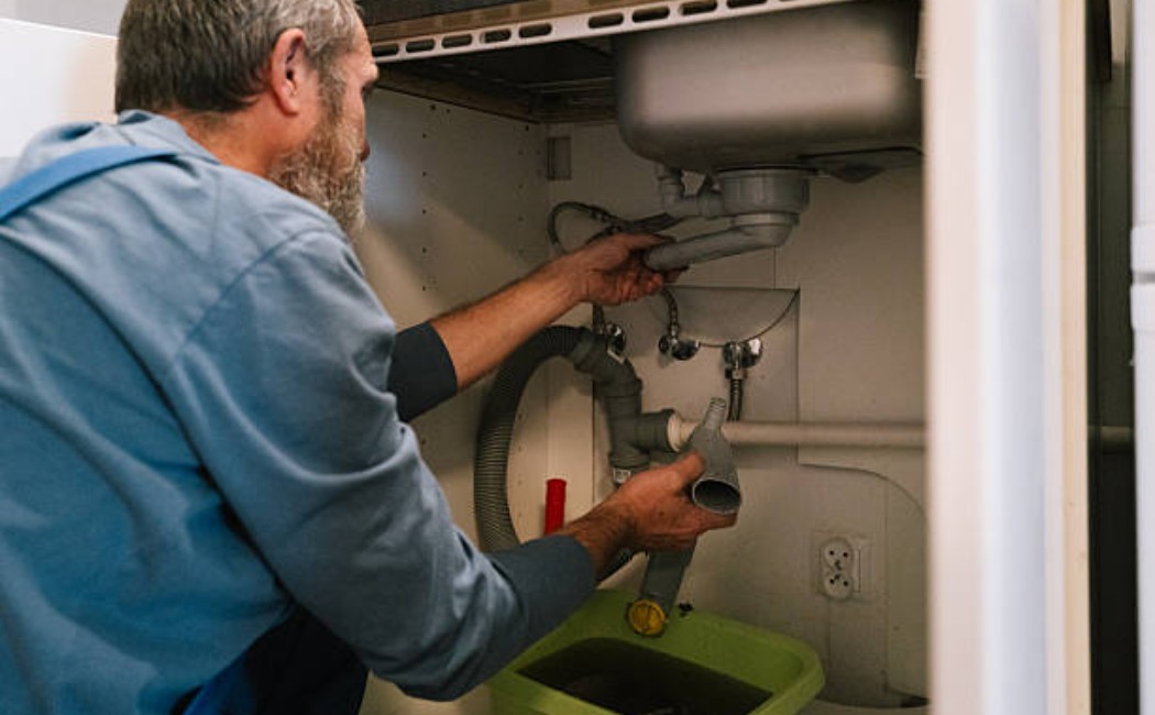 Professional plumber repairing kitchen plumbing.