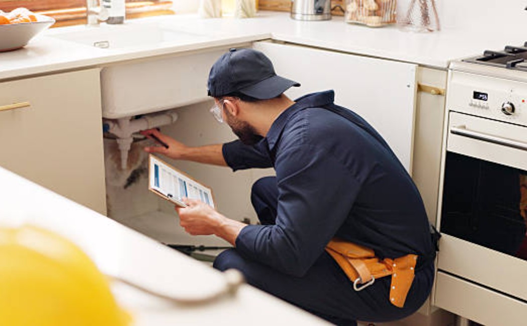 Plumber inspecting house with clipboard, expert maintenance work