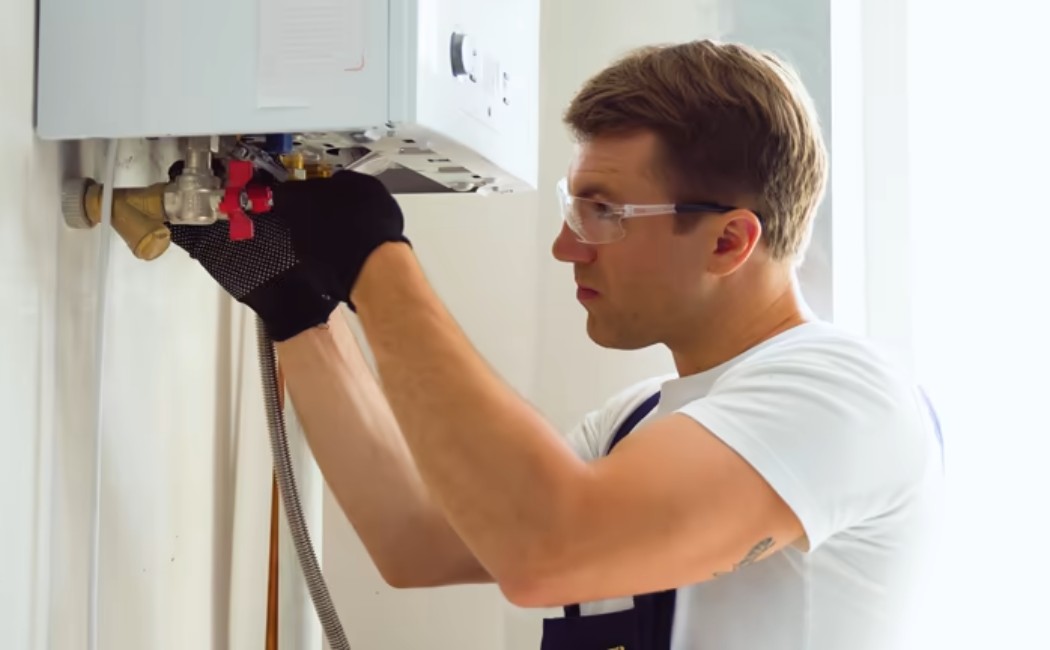 Plumber using a wrench to repair the water heater system