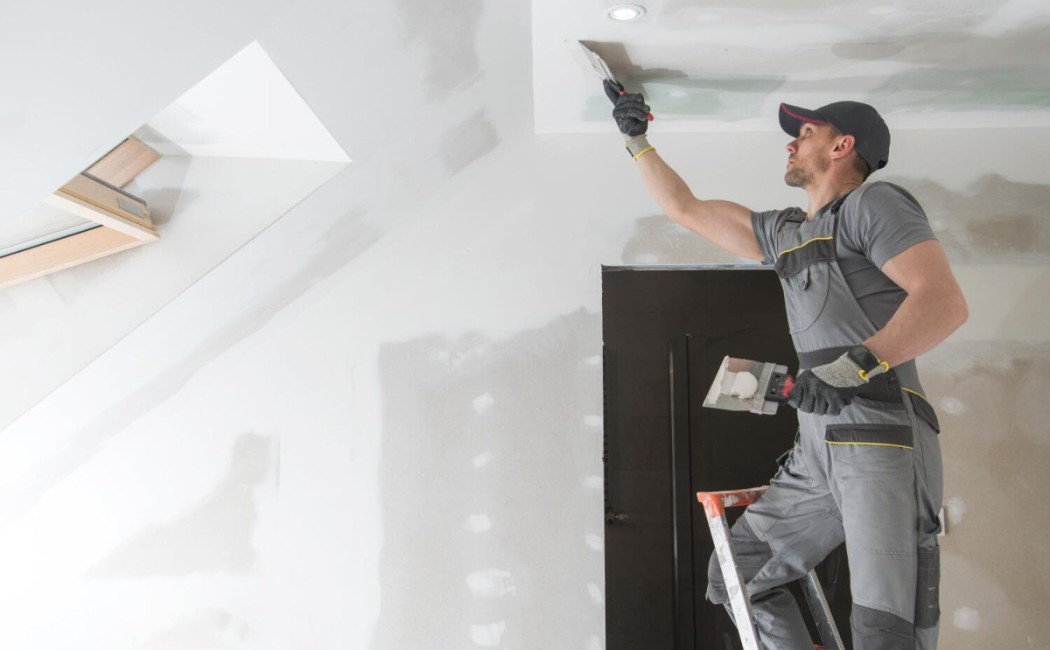 Technician on a ladder applying joint compound to the ceiling during Drywall Repair Services in a residential interior.
