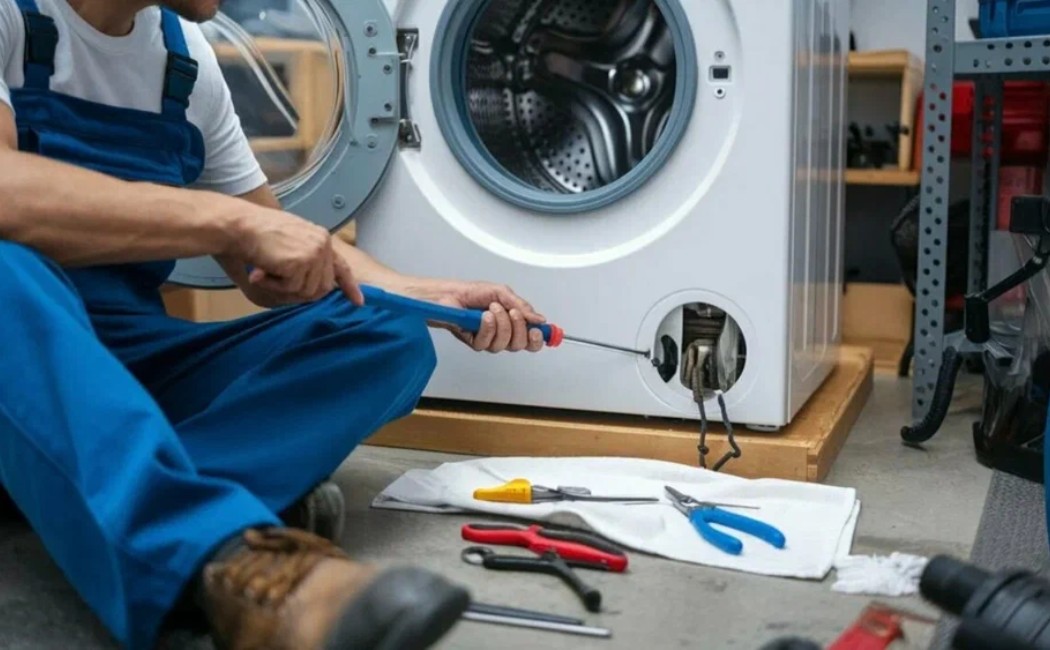 Appliance Repair Worker Fixing a Washing Machine with Tools Worker performing Appliance Repair Services on a washing machine, using a screwdriver while tools are laid out on the floor.
