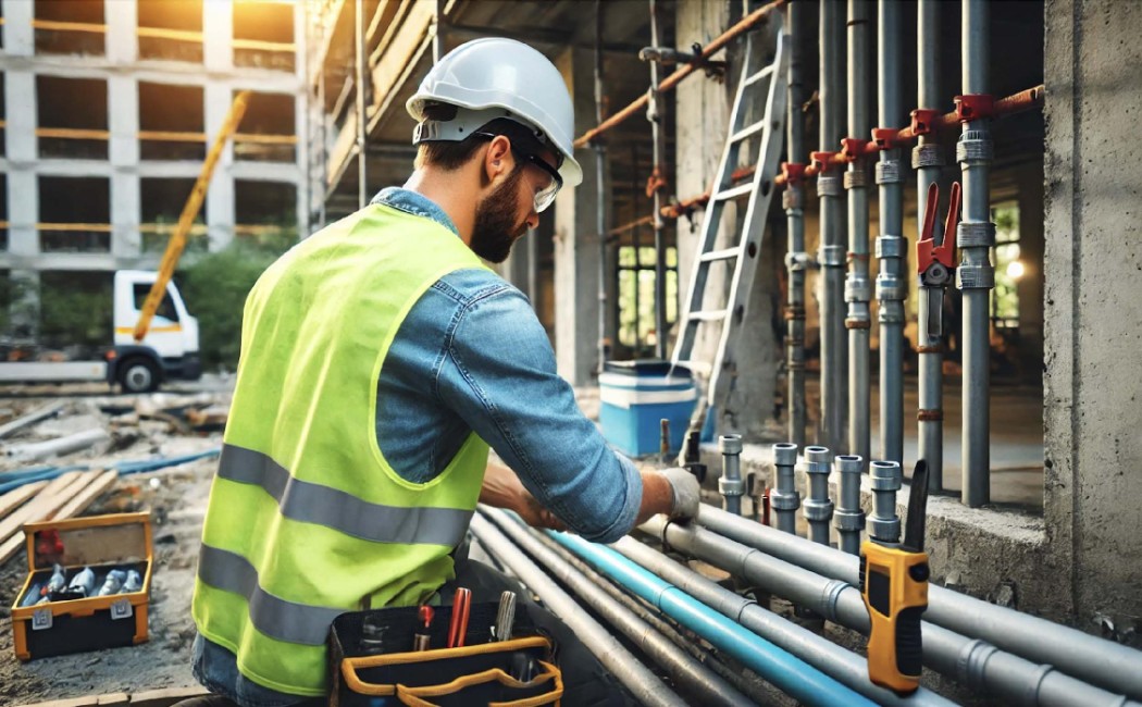Plumbing Company specialist installing commercial water supply piping at an active construction site.