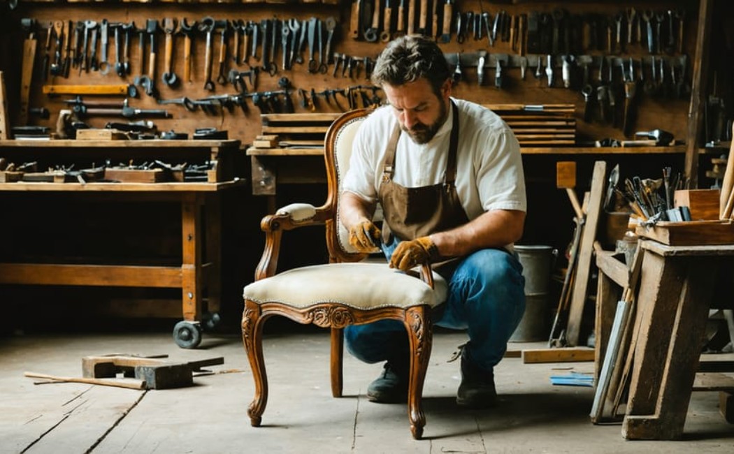 Skilled craftsman performing furniture repair by restoring an upholstered wooden chair in a woodworking workshop.